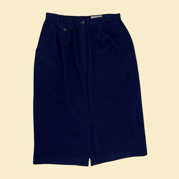 1970s wool midi skirt by Slices, size 13 vintage blue skirt w/ front pocket - Picture 9 of 10